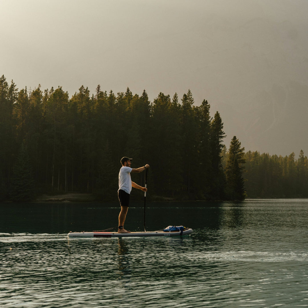 Person paddleboarding on a lake with trees in the background