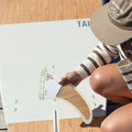 Person holding a central fin for a hard paddle board