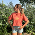 Girl wearing the Crop Top Boxy Swirl 