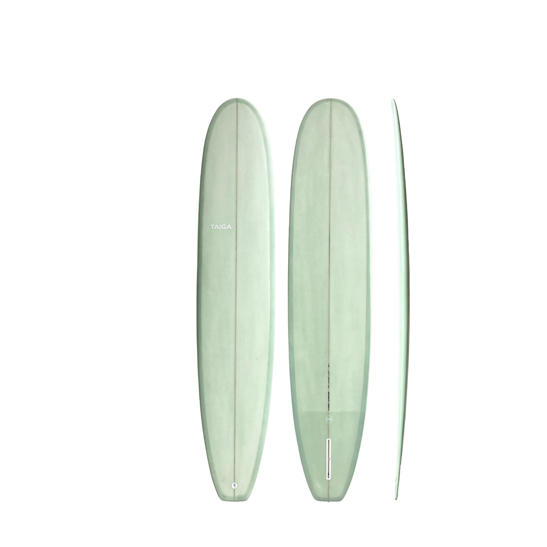 Front, Back & Side View of The Longboard Surf Board in The Dusty Sage Color