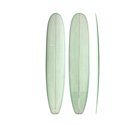 Front, Back & Side View of The Longboard Surf Board in The Color Dusty Sage