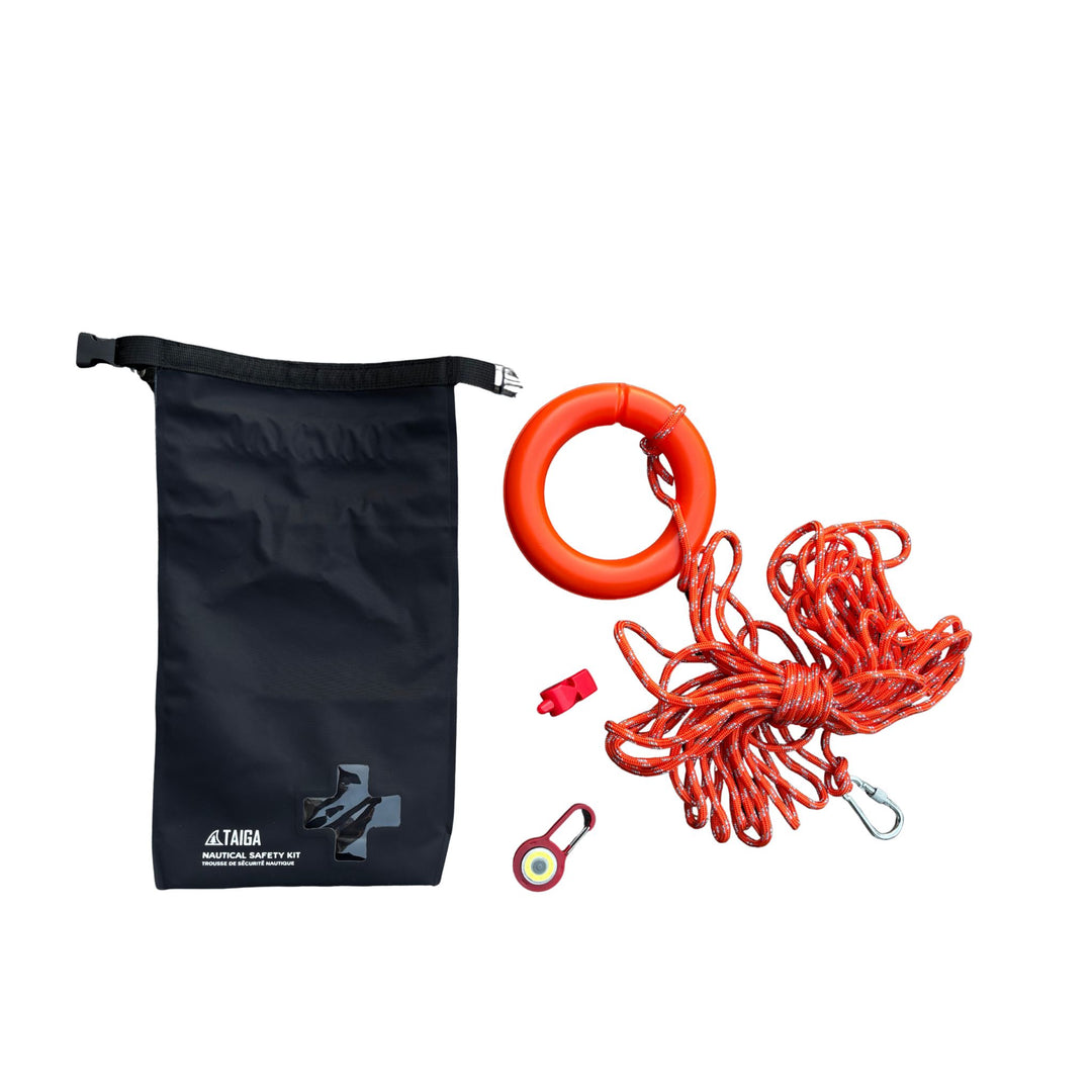 Red safety ring with rope and black bag on a white background