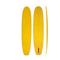 A bright yellow surfboard shown from three angles: top view, bottom view, and side profile, on a plain white background. The top view shows the brand name 'FASGA' printed in white near the front.