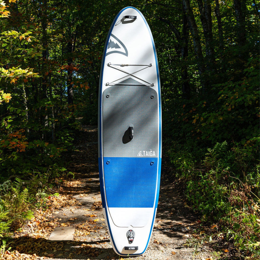 Paddleboard with blue and gray design on a forest path