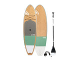 Taiga hard stand-up paddle board set on a white background, including the wooden decked board, paddle and leash