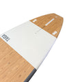 Wooden and white surfboard with 'TAIGA' branding on a white background
