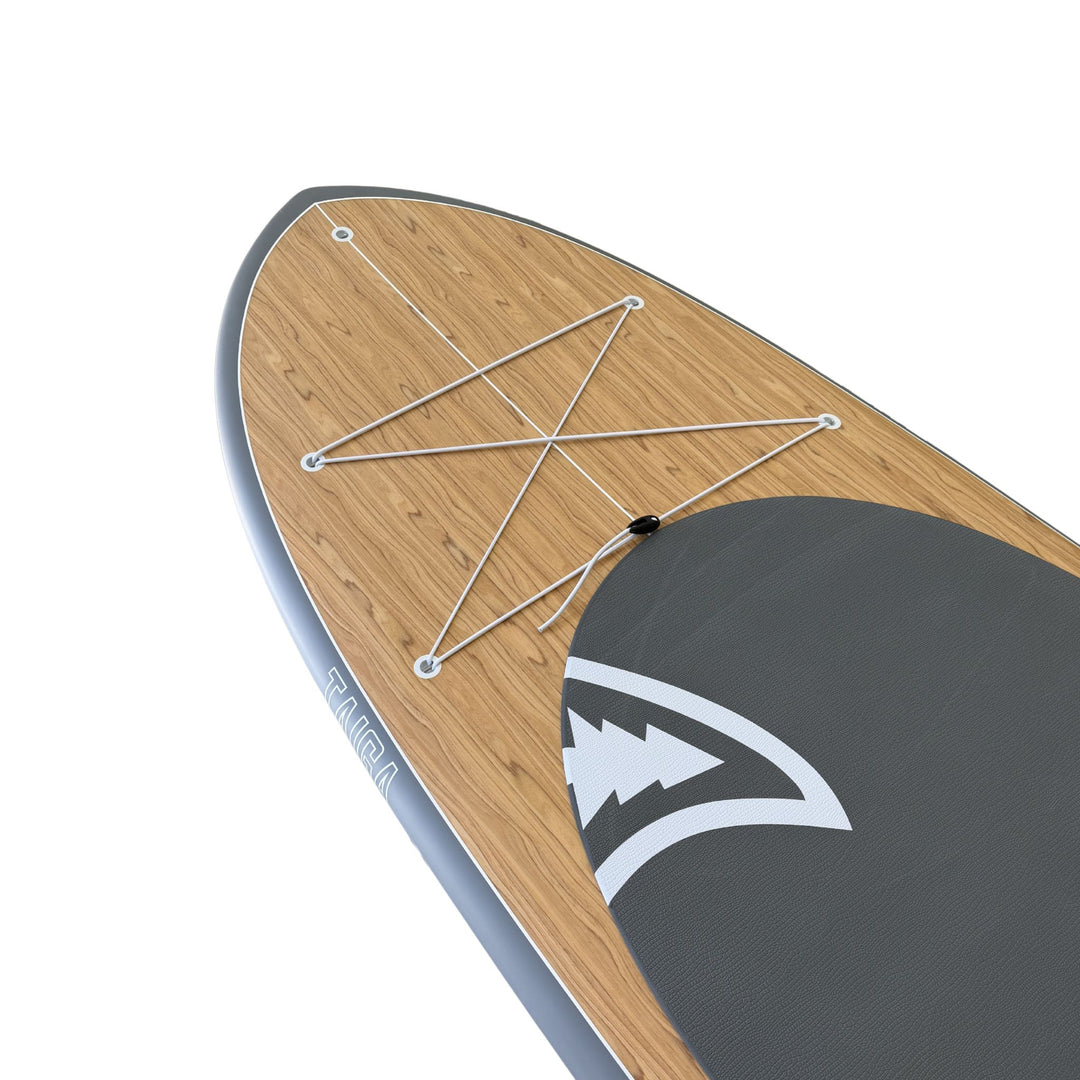 Wooden paddleboard with gray deck and logo on a white background