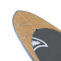 Wooden paddleboard with gray deck and logo on a white background