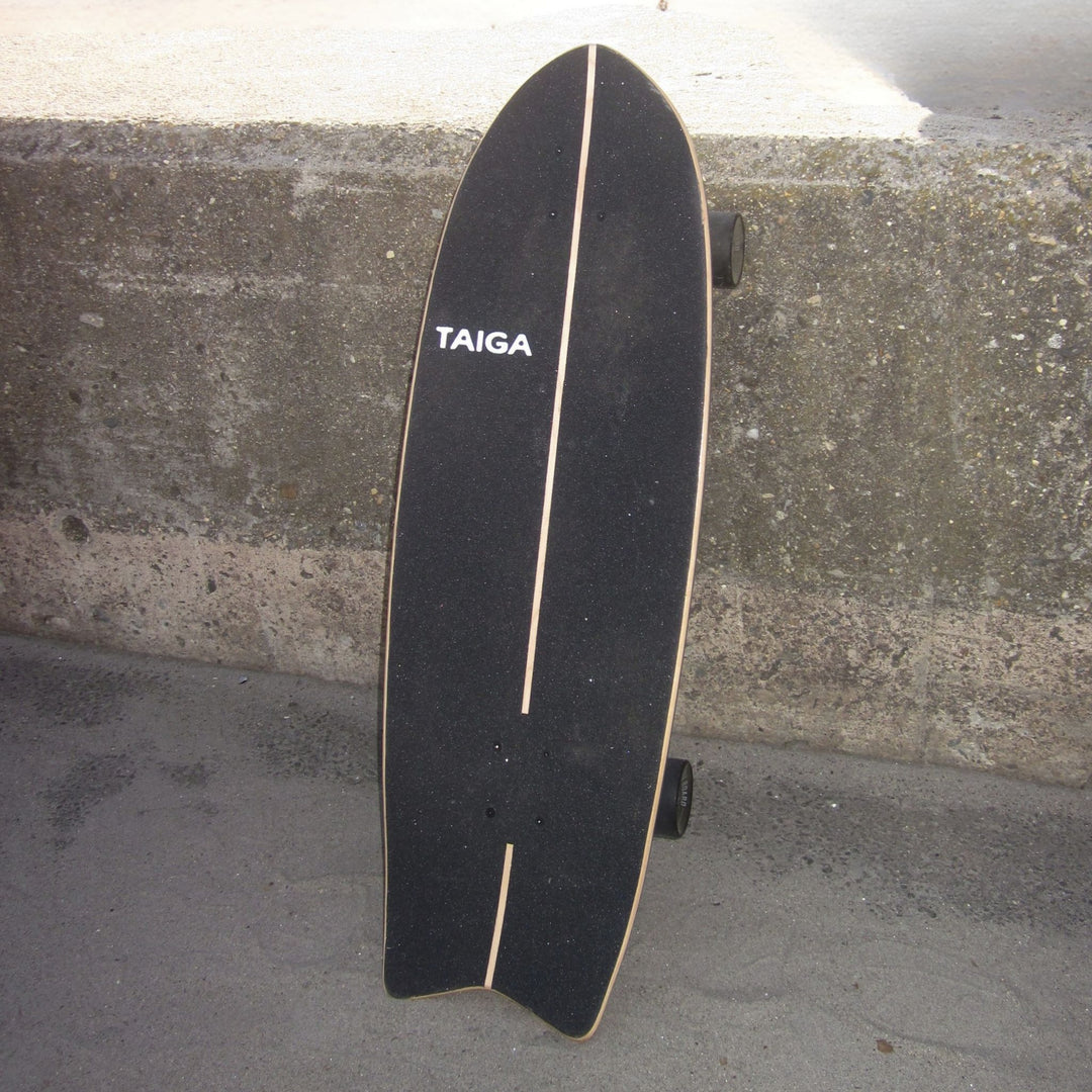 Black skateboard with 'TAIGA' branding against a concrete wall.