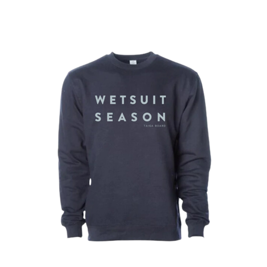 Front view of the WETSUIT SEASON Crewneck by TAIGA BOARD (blue)